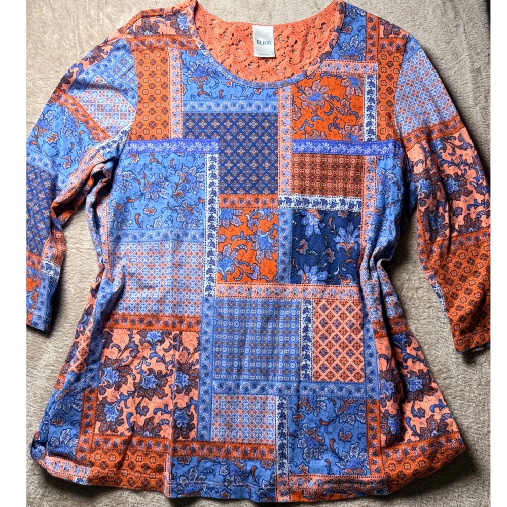 Blair Womens Blue Orange Patchwork Crochet‎ Lace  Top Large Boho Summer